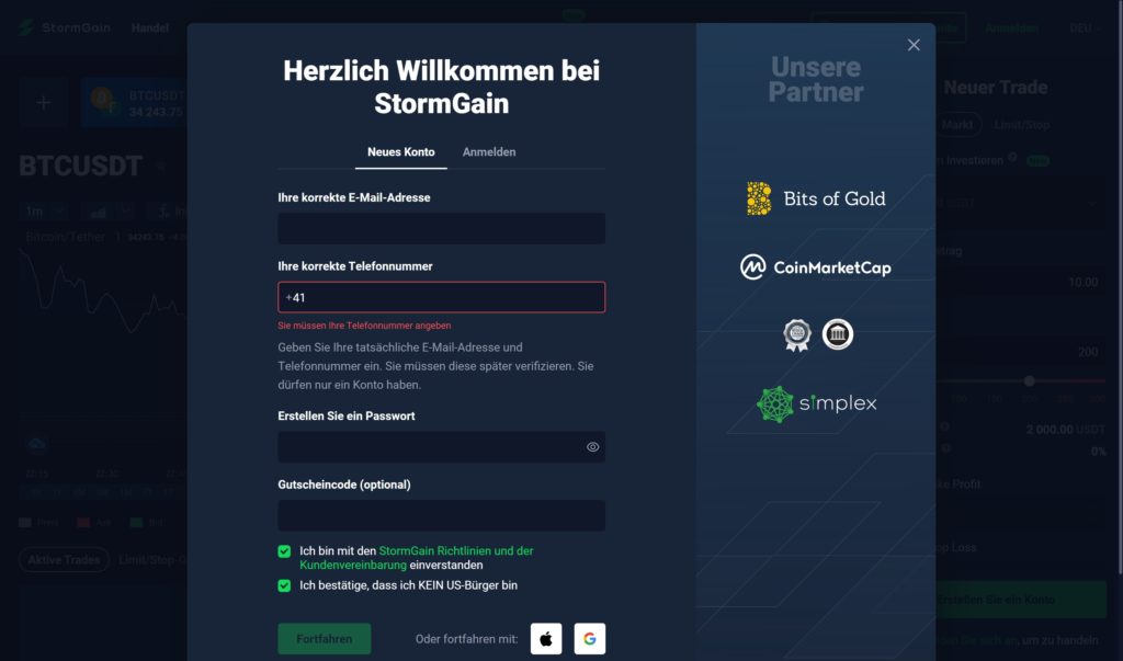 StormGain Crypto Trading Account Registrierung Screenshot Brokervergleich