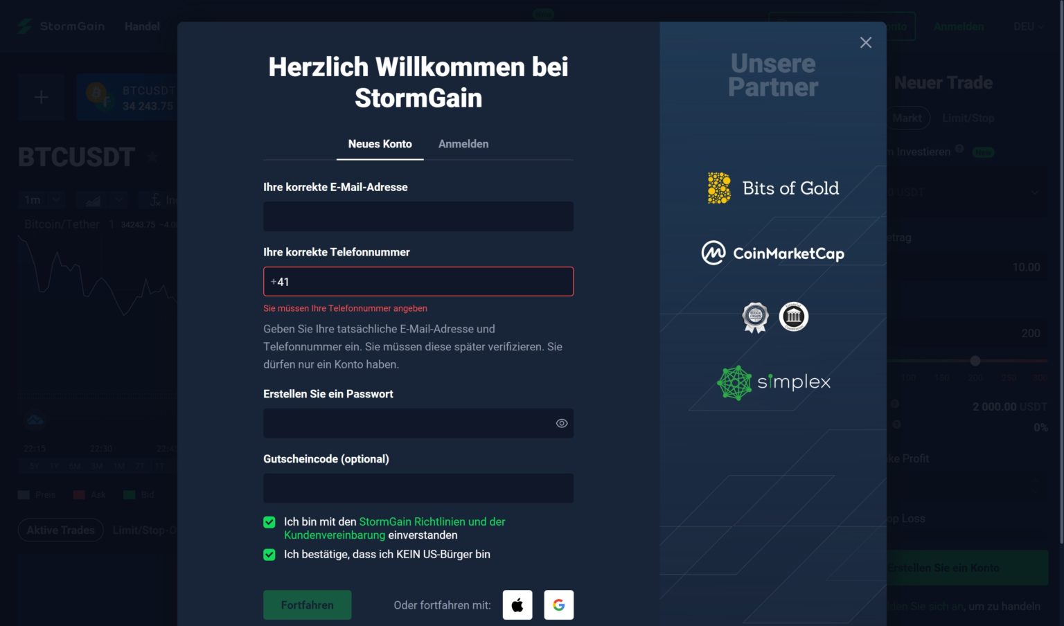 StormGain Crypto Trading Account Registrierung Screenshot ...